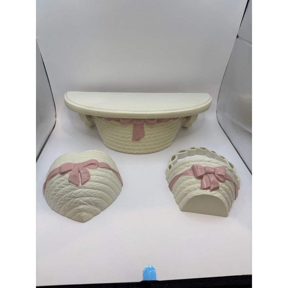 Vintage 3pc Home Interiors Burwood White Faux Wicker & Pink Bow Wall Set Cottage